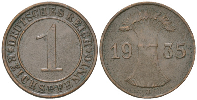 Германия 1 рейхспфенниг 1935 J KM 37, J. 313, Weege 2 бронза 4164-614