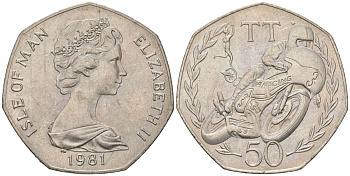 Остров Мэн 50 пенсов 1981 Мотогонки "Tourist Trophy" KM 83 медно-никель aUNC 4619-144