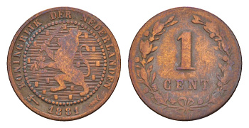 Нидерланды 1 цент 1881 Виллем III (1849-1890) KM 107 бронза 66-318