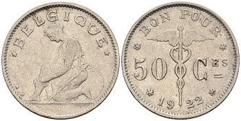 Бельгия 50 сантимов 1922 Belgique, Альберт I (1910-1934) KM 87 никель 4594-561