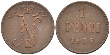 РОССИЯ ДЛЯ ФИНЛЯНДИИ 1 ПЕННИ 1916 НИКОЛАЙ II (1895-1917) KM 13, Биткин 476 медь 211-1062