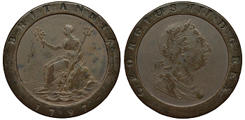 Великобритания 2 пенса 1797 Георг III (1760-1820), большой формат, вес 56,33 гр KM 619, Spink 3776 медь 1524-614