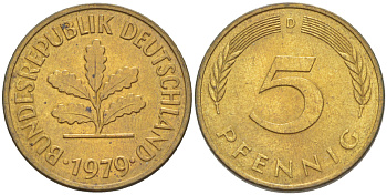 ФРГ 5 ПФЕННИГОВ 1979 D KM 107, J. 382 сталь плакированная латунью 4181-963