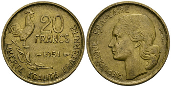 Франция 20 франков 1951 KM 917.1 алюминиевая бронза 4167-845