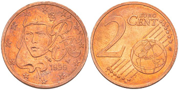 Франция 2 евроцента 1999 KM 1283 сталь плакированная медью 218-131