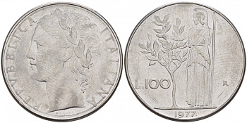 ИТАЛИЯ 100 ЛИР 1977 R , АФИНА KM 96.1 нержавеющая сталь 51-1433