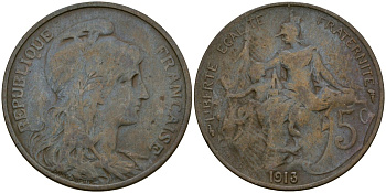 Франция 5 сантимов 1913 KM 842, Le Franc 119.5 бронза 51-2257