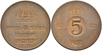 Швеция 5 эре 1968 U, Густав VI Адольф (1950-1973) KM 822 бронза 4557-826