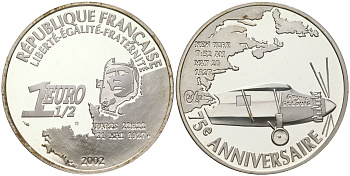 Франция 1 1/2 евро 2002 75 лет перелету Линдберга, Париж - Нью-Йорк, 20 мая 1927 года, самолет KM 1310 серебро PROOF 1091-3-52