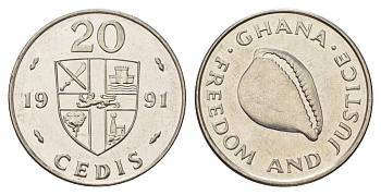 Гана 20 седи 1991 раковина KM 30 никелированная сталь  UNC  M65-08