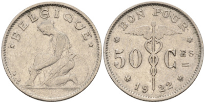 Бельгия 50 сантимов 1922 Belgique, Альберт I (1910-1934) KM 87 никель 4594-561