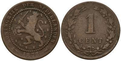 Нидерланды 1 цент 1878 Виллем III (1849-1890) KM 107 бронза 4154-858
