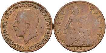 Великобритания 1/2 пенни 1931 Георг V (1910-1936) KM 837, Spink 4058 бронза 4143-715