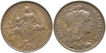 ФРАНЦИЯ 10 САНТИМОВ 1900 ТИП ДАНИЭЛЬ ДЮПЮИ KM 843, LA FRANC 136.9 бронза 59-1823