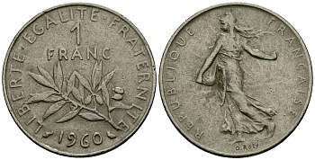 Франция 1 франк 1960 сеятель KM 925 никель 4135-752