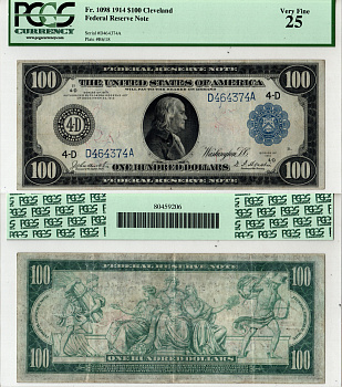 США, Federal Reserve Note 100 долларов 1915 Кливленд. В слабе компании PCGS Currency. Сохранность - «25». Fr. 1098  бумага   10-3-14