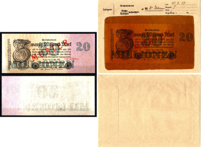 Германия 20000000 марок 1923 25 июля, MUSTER, образец, Specimen. В оригинальном банковском конверте. Из коллекции Отто Сейфферта (помощник Ялмара Шахта - министра экономики Германии и президента Рейхсбанка времен третьего рейха) Pick 97 s, Grabowski DEU 1