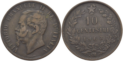Италия 10 чентезимо 1867 OM, Виктор Эммануил II (1861-1878) KM 11.5 медь 97-1021