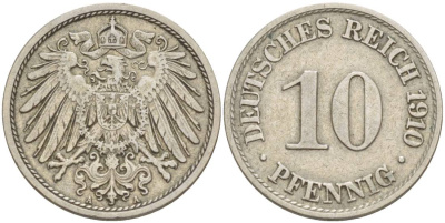 Германия 10 пфеннигов 1910 A KM 12, Jager 13, Weege 8 медно-никель 219-155