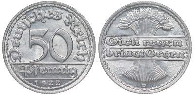 Германия 50 пфеннигов 1922 D KM 27, J. 301 алюминий aUNC 4145-1151