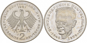 ФРГ 2 МАРКИ 1987 J, КУРТ ШУМАХЕР KM 149, J. 424 медно-никель плакированный никелем плакированный никелем 3996-925