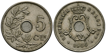 Бельгия 5 сантимов 1904 Belgie KM 55 медно-никель 4173-119