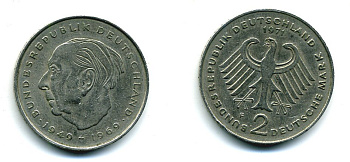 ФРГ 2 марки 1973 F, Теодор Хойс, 20 лет Федеративной Республике (1949-1969) KM A127, J. 407 медно-никель плакированный никелем 35-1244