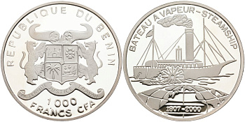 Бенин 1000 франков 2000 пароход "Bateau a vapeur" серебро PROOF 01-077-15