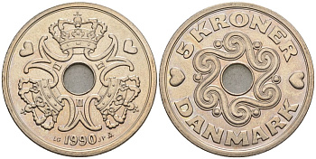 Дания 5 крон 1990 LG;JP;A, Маргрете II (1972-) KM 869.1, Schoen 88 медно-никель UNC 4512-143