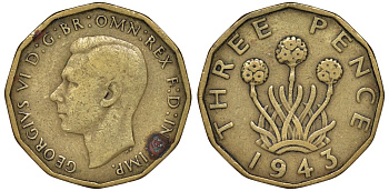 Великобритания 3 пенса 1943 Георг VI (1936-1952) KM 849, Spink 4112 никель латунь 51-2517