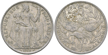 Французская Новая Каледония 5 франков 1989 птица кагу, (IEOM) KM 16, Schoen 12, Lec 77 алюминий 180-1034