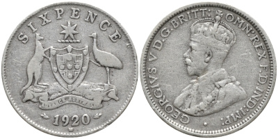 Австралия 6 пенсов 1920 M, Георг V (1910-1936), герб Австралии KM 25 серебро 220-856