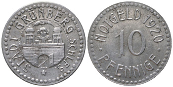 Грюнберг (Пруссия, Нижняя Силезия) 10 пфеннигов 1920 Funck 176.8, Men05 9889.5, Men18 12321.5 железо aUNC 4585-143