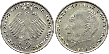 ФРГ 2 марки 1972 D, Конрад Аденауэр KM 124, J. 406 медно-никель плакированный никелем 177-625