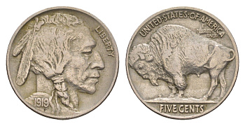 США 5 центов 1919 индеец, бизон KM 134 медно-никель 4658-1029