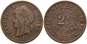 Чили 2 1/2 сентаво 1887 So KM 150 медь 87-1121