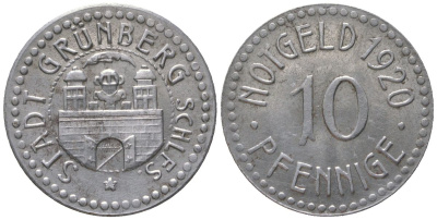 Грюнберг (Пруссия, Нижняя Силезия) 10 пфеннигов 1920 Funck 176.8, Men05 9889.5, Men18 12321.5 железо aUNC 4585-143