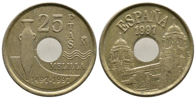 Испания 25 песет 1997 Мелилья (Melilla), Хуан Карлос I (1975-2014) KM 983 латунь 4364-2052