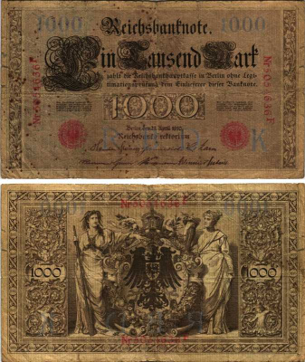 ГЕРМАНИЯ 1000 МАРОК 1910 21 АПРЕЛЯ 1910, КРАСНАЯ, СЕМИЗНАЧНЫЙ НОМЕР Pick 44b бумага 8518-53-2