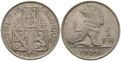 Бельгия 1 франк 1939 Belgie - Belgique KM 120 никель 217-316