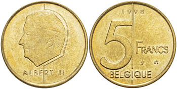БЕЛЬГИЯ 5 ФРАНКОВ 1998 BELGIQUE, АЛЬБЕРТ II (1993-) KM 189 алюминиевая бронза 4382-1131