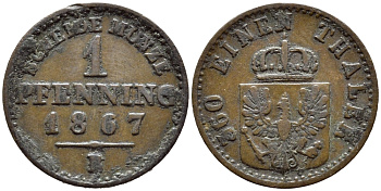 ПРУССИЯ 1 ПФЕННИГ 1867 B KM 480 медь 84-1547