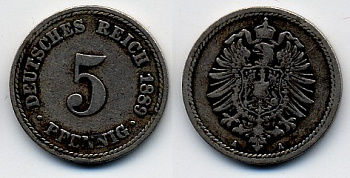 ГЕРМАНИЯ 5 ПФЕННИГОВ 1889 A, СТАРОГЕРБОВКА KM 3, J.3 медно-никель 51-5042