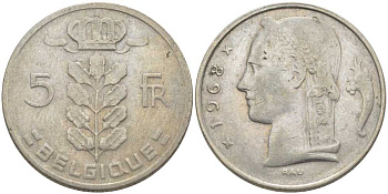 БЕЛЬГИЯ 5 ФРАНКОВ 1968 BELGIQUE, БОДУЭН I (1951-1993) KM 134.1 медно-никель 119-723