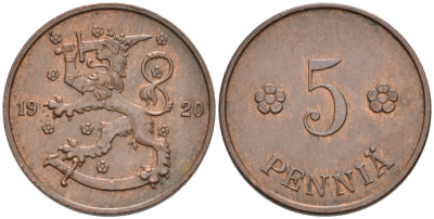 Финляндия 5 пенни 1920 KM 22 медь 192-1243