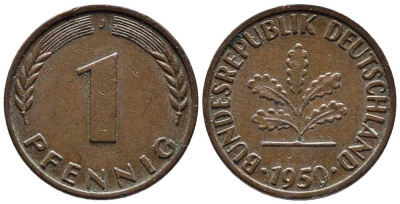 ФРГ 1 ПФЕННИГ 1950 J KM 105, J. 380 сталь плакированная медью 39-1246