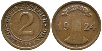 ГЕРМАНИЯ 2 РЕНТЕНПФЕННИГА 1924 D KM 31, J. 307 бронза 24-513