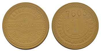 Чили, JAZPAMPA BAJO NITRATE C?.LTD, Запига (Zapiga) шахтерский жетон с Селитряного рудника для покупки в местных магазинах, номиналом в 1 песо около 1904 диаметр 20 мм, вес 2,55 гр Espinosa 145.4 эбонит (охра) 1094-3-82