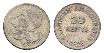 Греция 20 лепт 1926 Афина в коринфском шлеме, год-тип KM 67 медно-никель 4668-1236