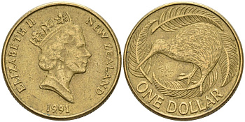 Новая Зеландия 1 доллар 1991 Елизавета II (1952-2022), птица киви KM 78 алюминиевая бронза 29-525